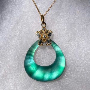 ALEXIS BITTAR Marble Emerald Green Lucite & Baguette Crystal Pendant Necklace